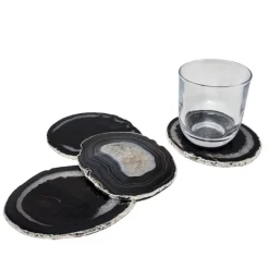 Agate Black Coasters With Silver Trim Set of 4