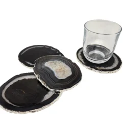 Agate Black Coasters With Silver Trim Set of 4