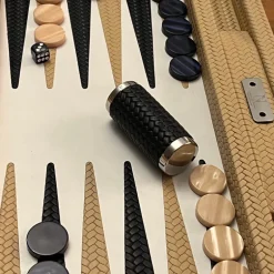 Beige Leather Woven Herringbone Backgammon