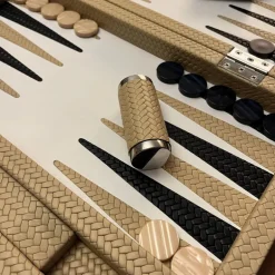 Beige Leather Woven Herringbone Backgammon