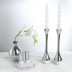 Dual Marble & Silver Candleholders Set of 2