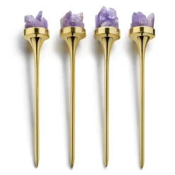 Hospitality Cocktail Picks, Gold & Amethyst Druze, Set of 4