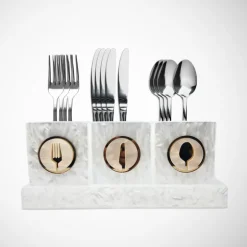 Let's Eat Silverware Caddy White Marble with Gold