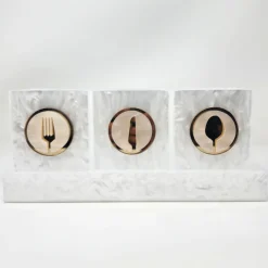 Let's Eat Silverware Caddy White Marble with Gold